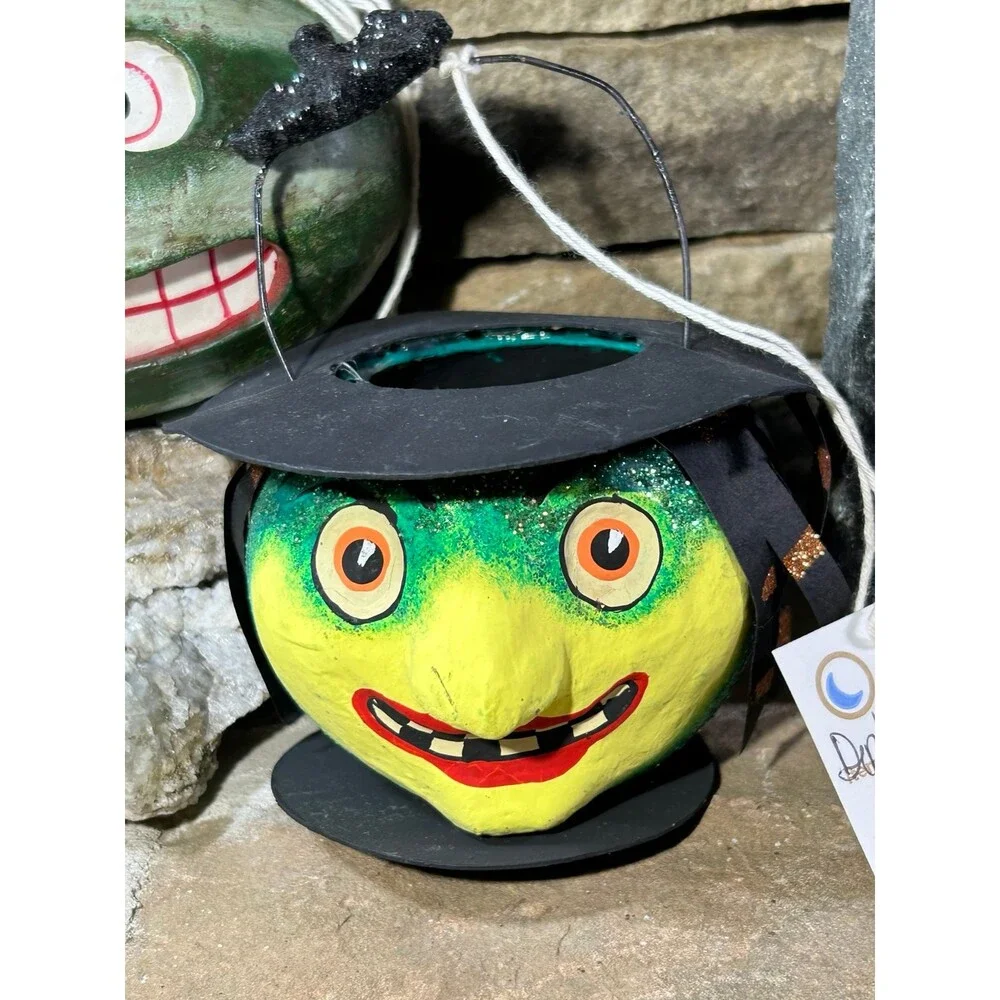 Dept 56 Paper Mache Witch and Green Jack O’ Lantern Halloween decorations READ